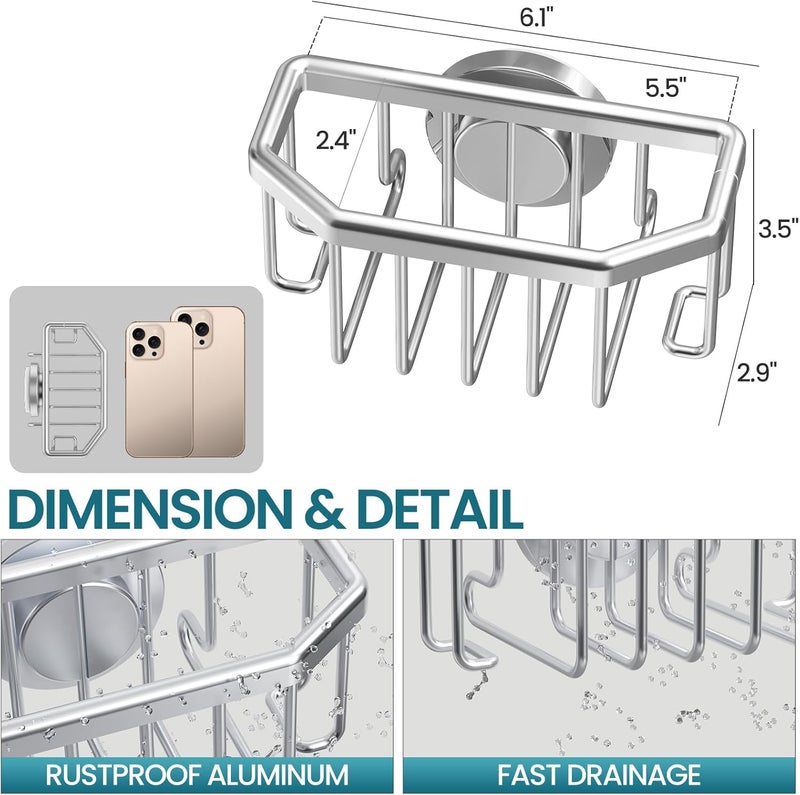 Taili Sponge Holder for Kitchen Sink with Strong Suction Cup Removable, Rustproof Aluminum Sink Caddy for Sponge, Brush, Scrubber, Scraper -Silver - Image 5